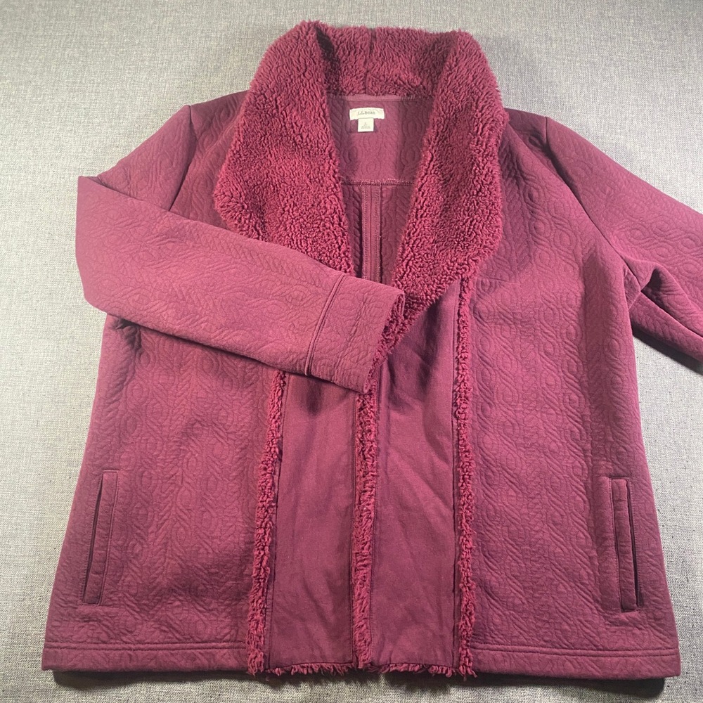 L.L.Bean Women's Quilted Sherpa Shawl Collar Jacket Burgundy Size Large Pet